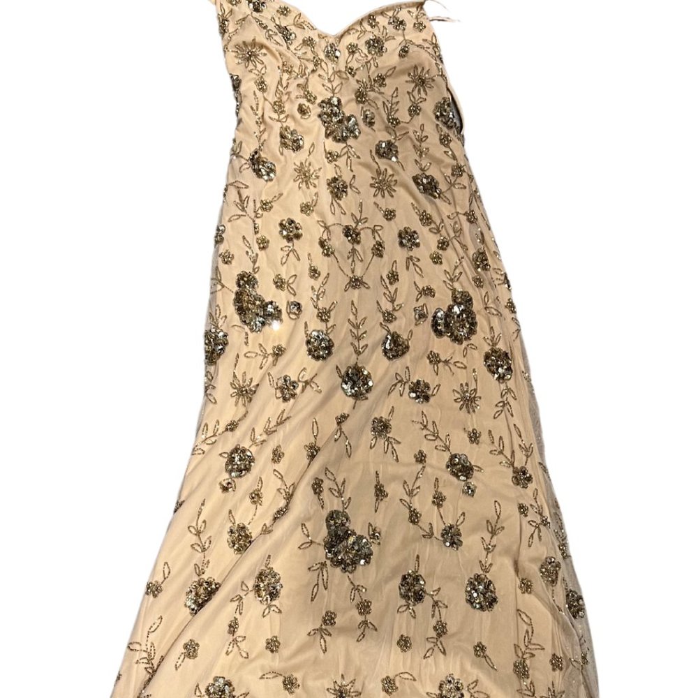 Gold beaded spaghetti strap formal gown